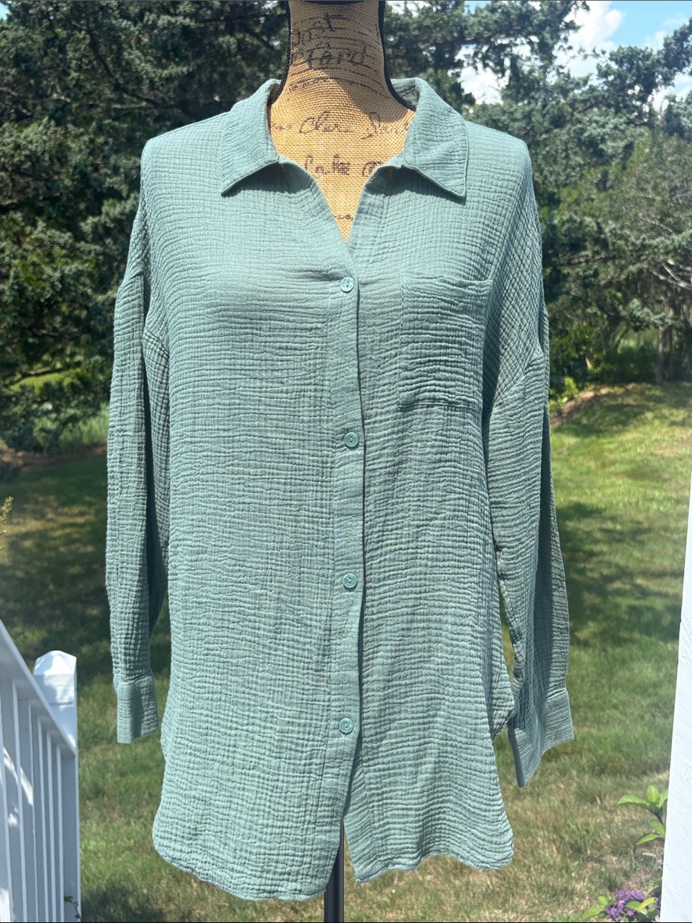 SHADE & SHORE Sage Green Cotton Gauze Button-Up Shirt Size XS Oversized